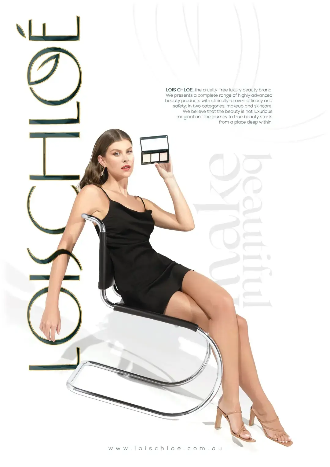A model in a black dress on a chrome chair holding a Lois Chloé palette, beside the LOIS CHLOÉ wordmark