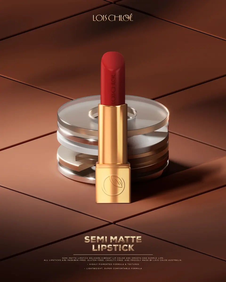 Lois Chloé semi-matte lipstick in red on stacked glass discs, with the SEMI MATTE LIPSTICK poster copy